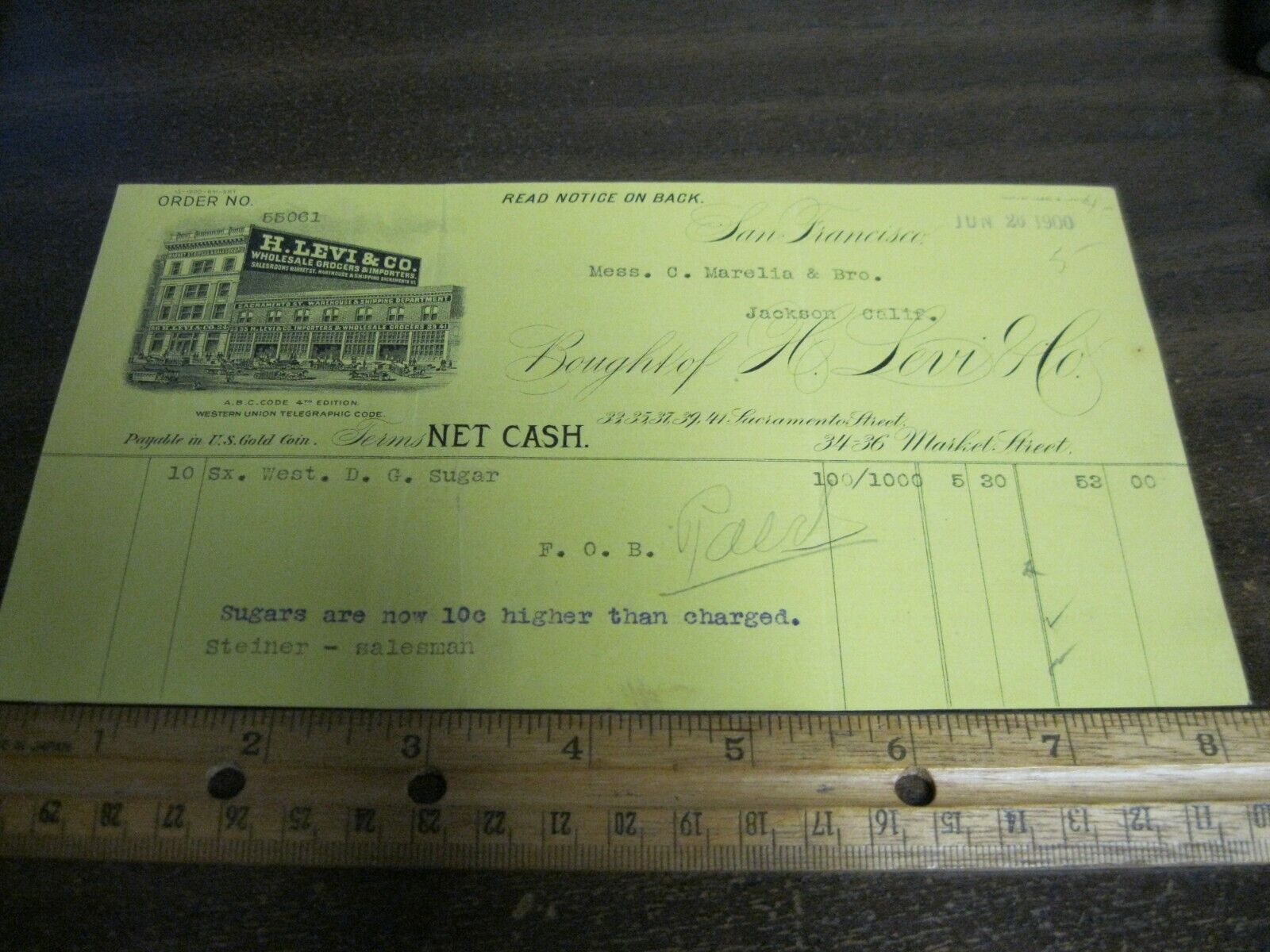 1900 San Francisco CA H Levi & Co. 34-36 Market St Selling Sugar to Jackson CA