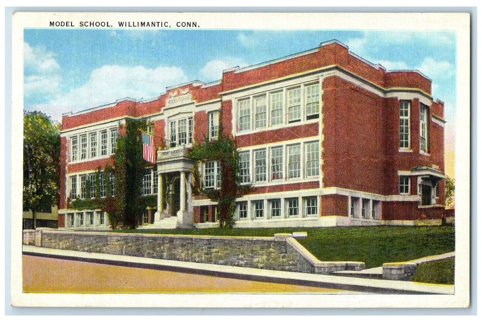 1943 Model School Exterior Roadside Willimantic Connecticut CT Posted Postcard