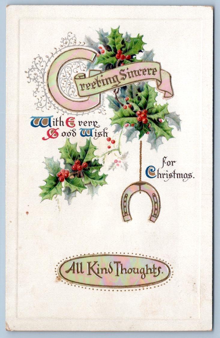 1910's CHRISTMAS HORSESHOE HOLLY ALL KIND THOUGHTS EMBOSSED OPALESCENT POSTCARD