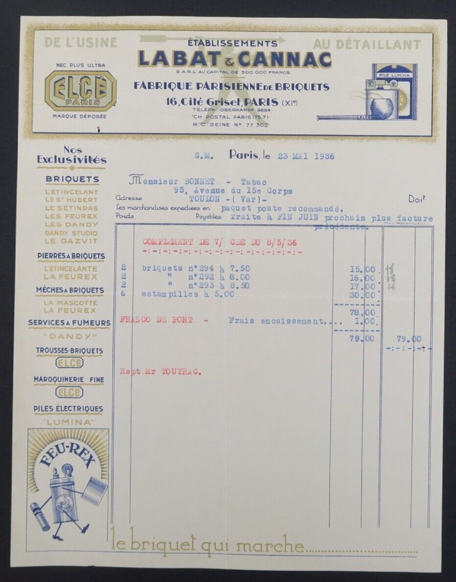 1936 PARIS XI LABAT CANNAC illustrated invoice 93