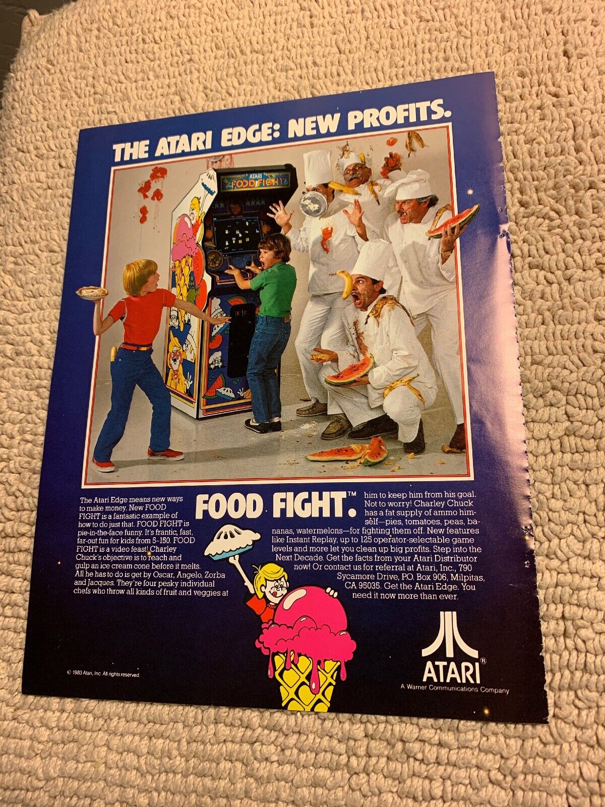 Original 1983  11- 8.5'' Food Fight All Blue Atari arcade video game AD FLYER