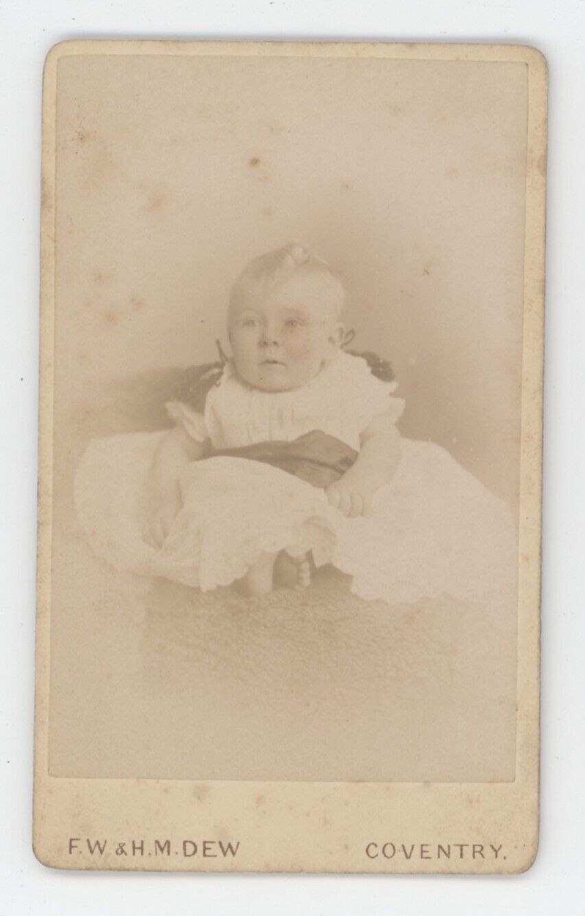 Antique CDV Circa 1870s Adorable Baby in White Dress Dew Coventry England UK