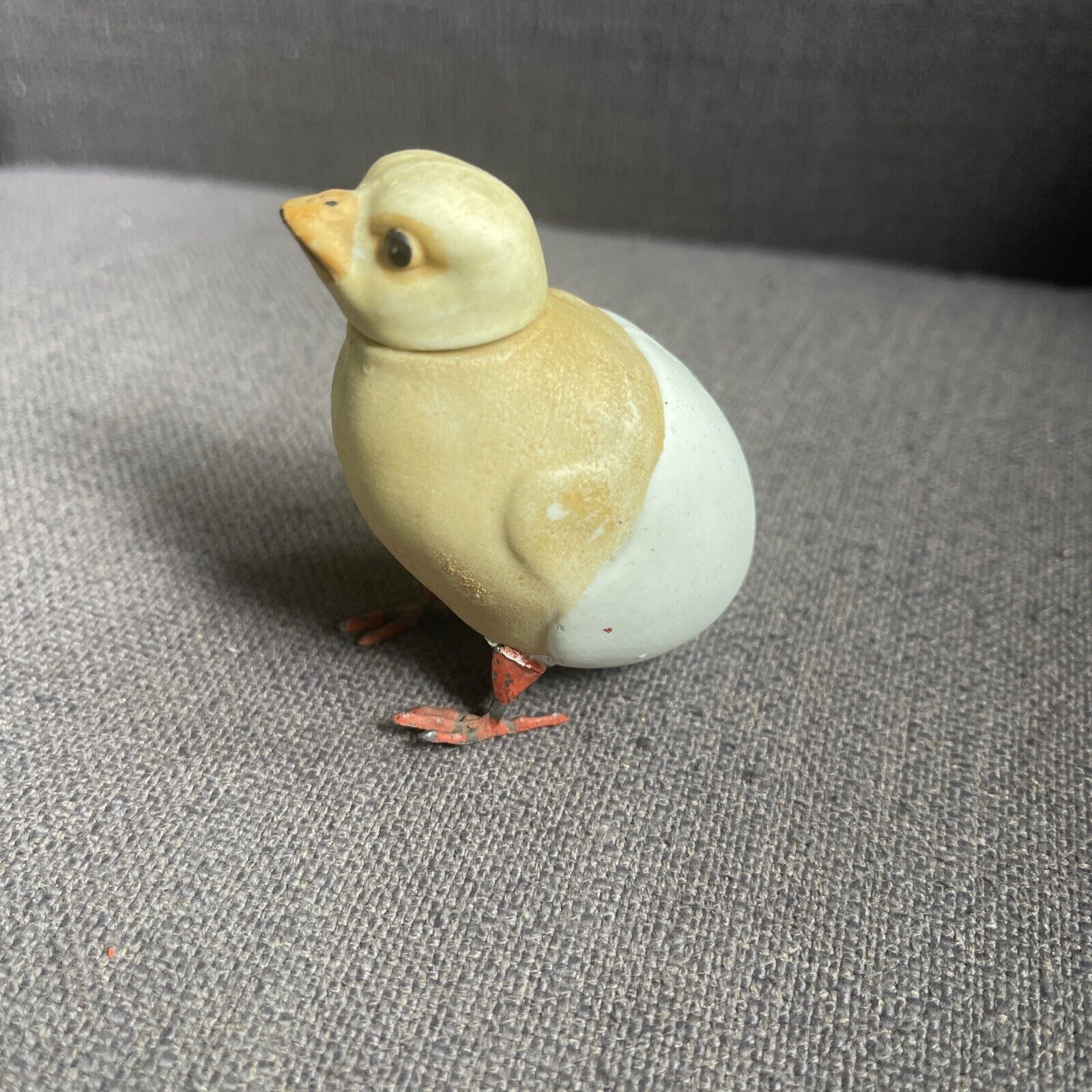 Vintage 3 “ Bisque Porcelain Easter Baby Chick Candy Container Metal Legs