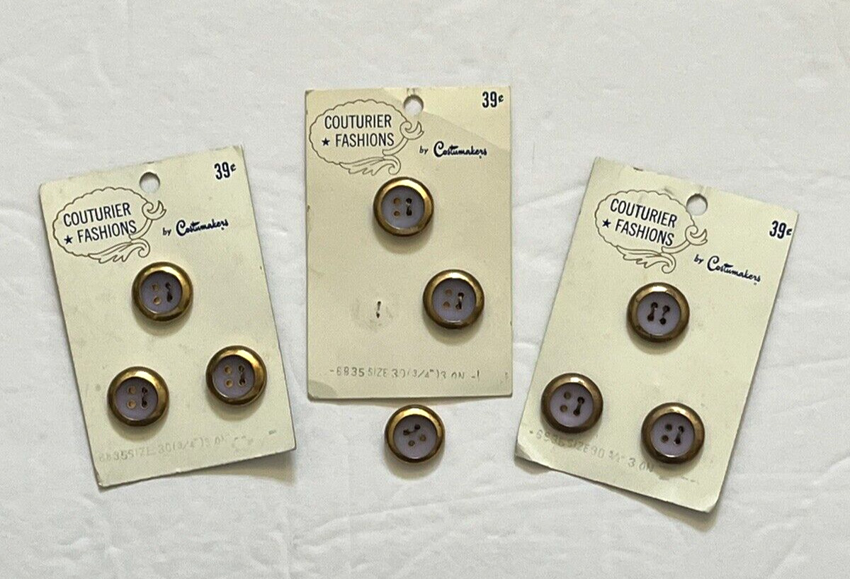 9 Vintage Gold Tone Metal & Purple Plastic Inlay Buttons 4 Hole Costumakers