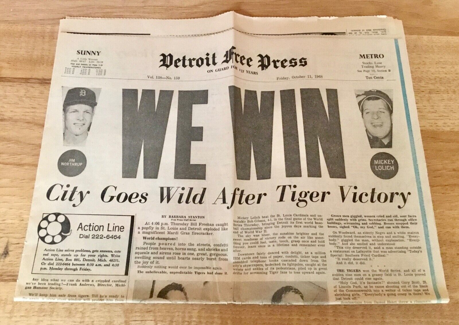 DETROIT FREE PRESS 10/11/1968 WE WIN TIGERS CHAMPS FRONT NEWSPAPER SECTION