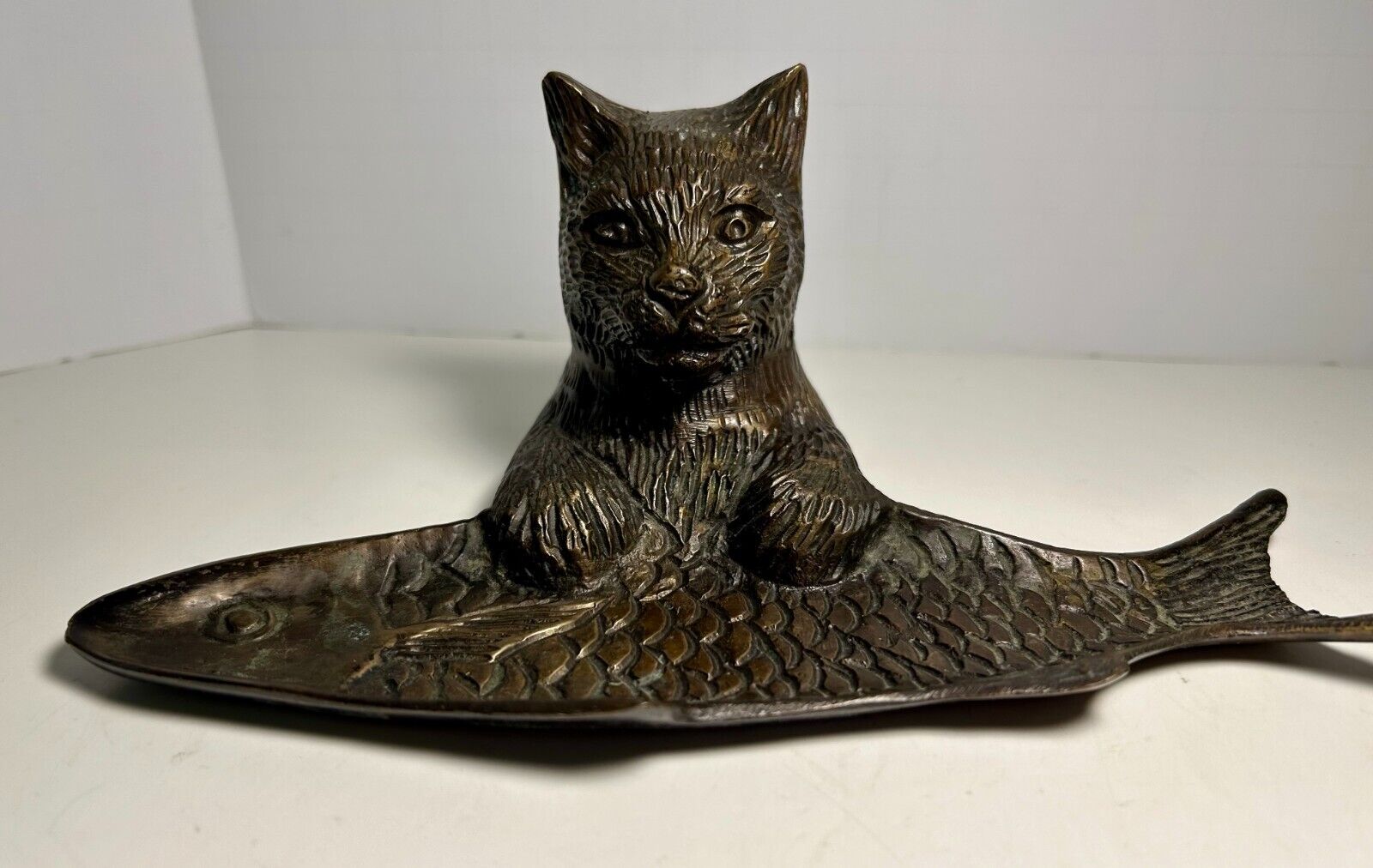 Vintage Bronze Cat Holding Fish Tray