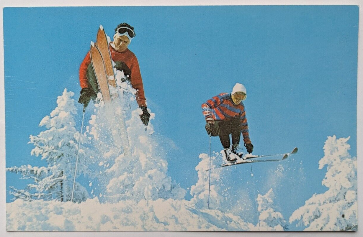 Wisconsin Vintage Skiing Postcard Skiing And A Fast Jump Along The Trail c1960s