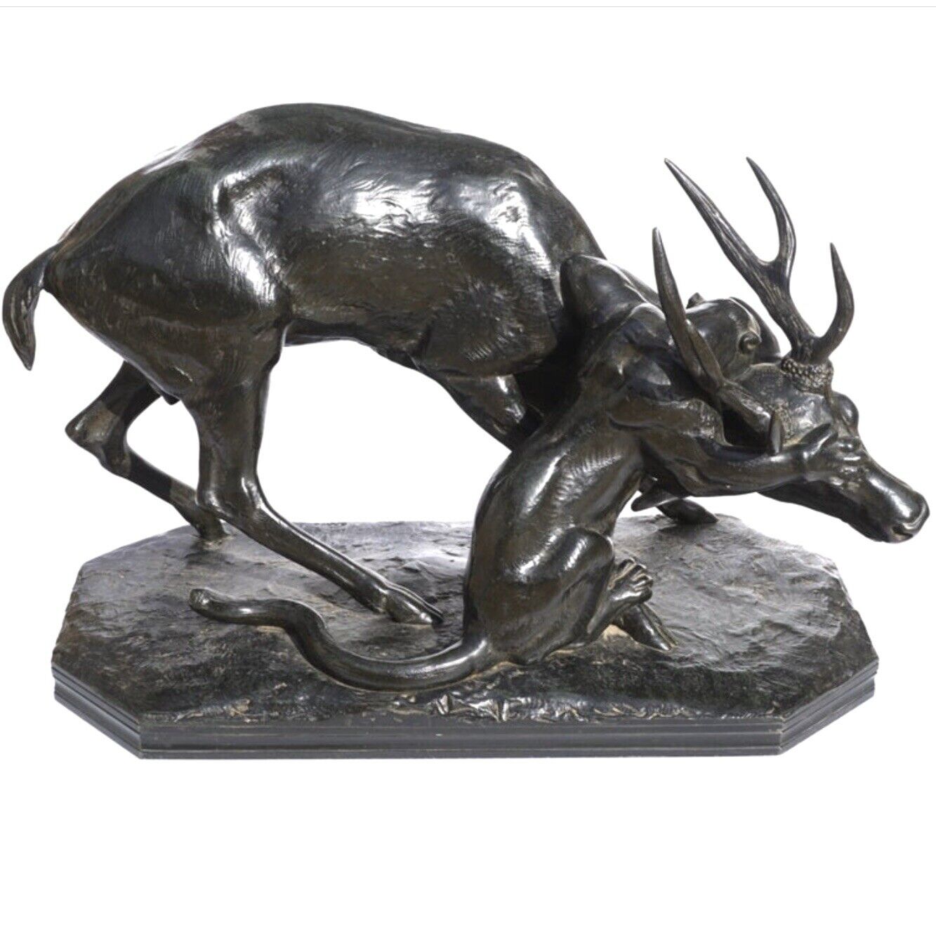 Antoine Louis Barye Bronze Panther Seizing A Stag, circa 1860