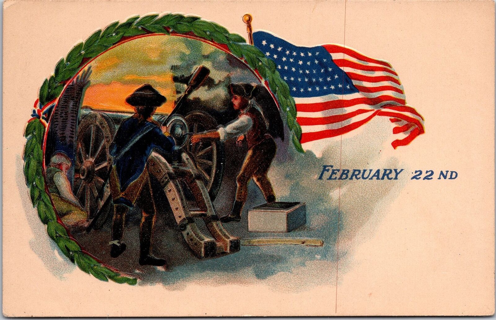 WASHINGTON\'S BIRTHDAY - Soldiers, Cannon and Flag Patriotic Postcard