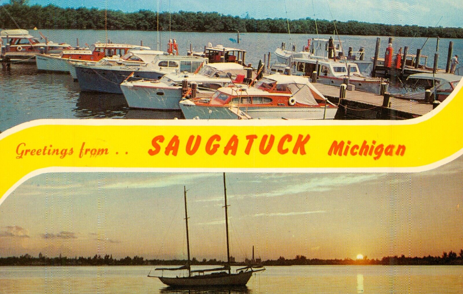 GREETINGS from SAUGATUCK, Michigan 1950/60s Vintage POSTCARD  Dexter Press