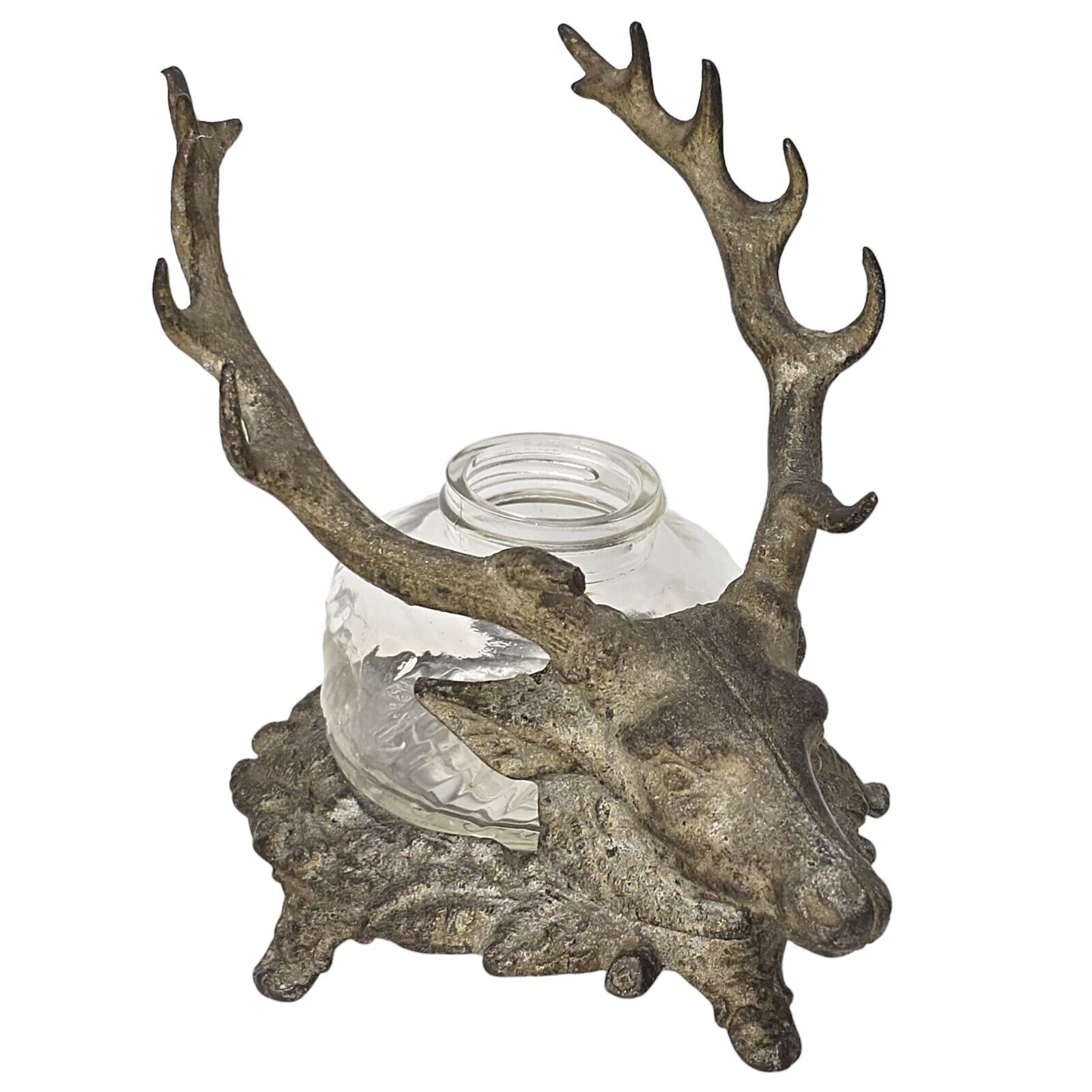 ANTIQUE CAST IRON STAG HEAD PEN HOLDER WITH GLASS INKWELL