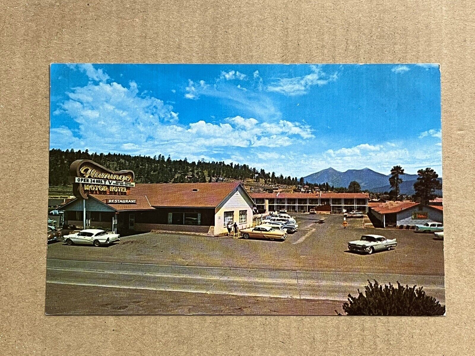 Postcard Flagstaff AZ Route 66 Flamingo Ramada Inn Roadside Highway Motel Cars