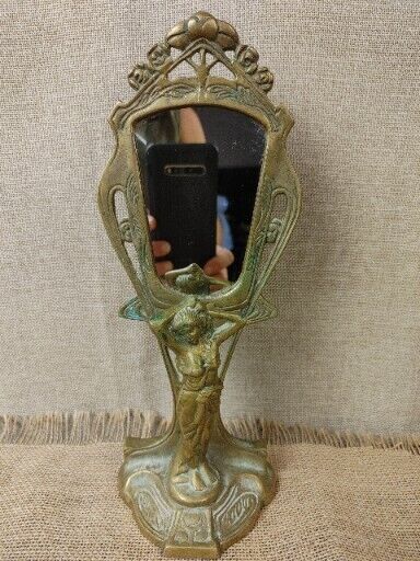 Vintage Art Nouveau Lady Nymph Brass Vanity ~ Tabletop ~ Hand ~ Figural Mirror