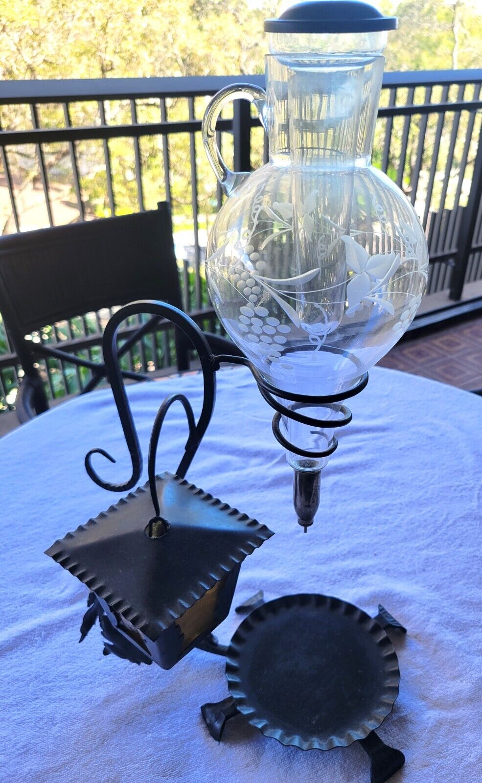 Unique antique German glass and wrought iron wine chiller and dispenser
