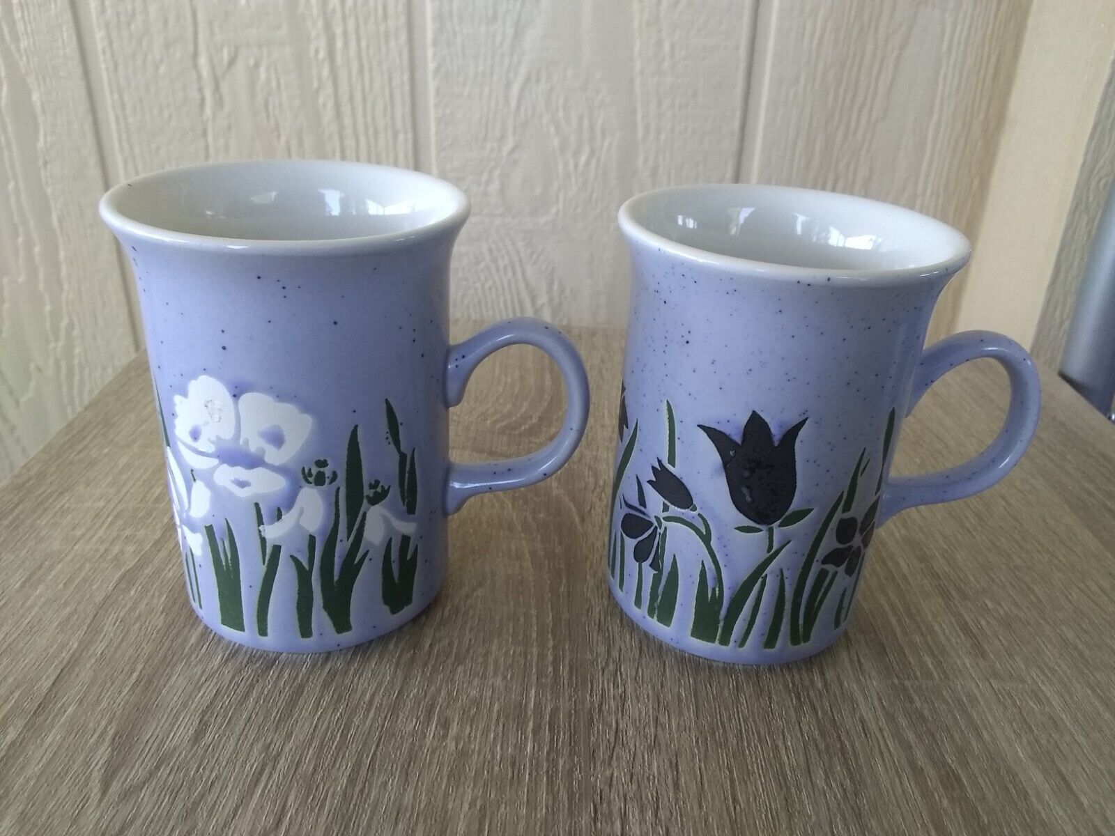 Churchill England Gray/Blue Ceramic Mugs with Flowers   VINTAGE HTF Set of 2