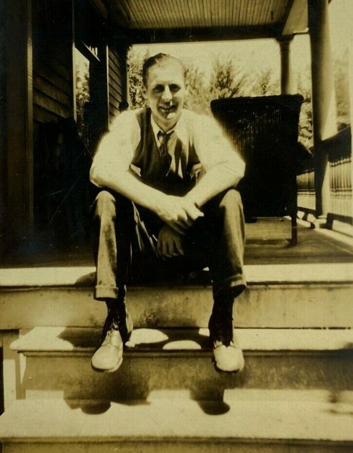 Man Sitting On Steps Of Porch B&W Photograph 2.75 x 4.5