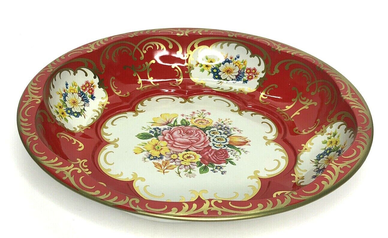 Vintage Daher Decorated Tin Metalware Bowl Tray England Red Gold Floral 10\