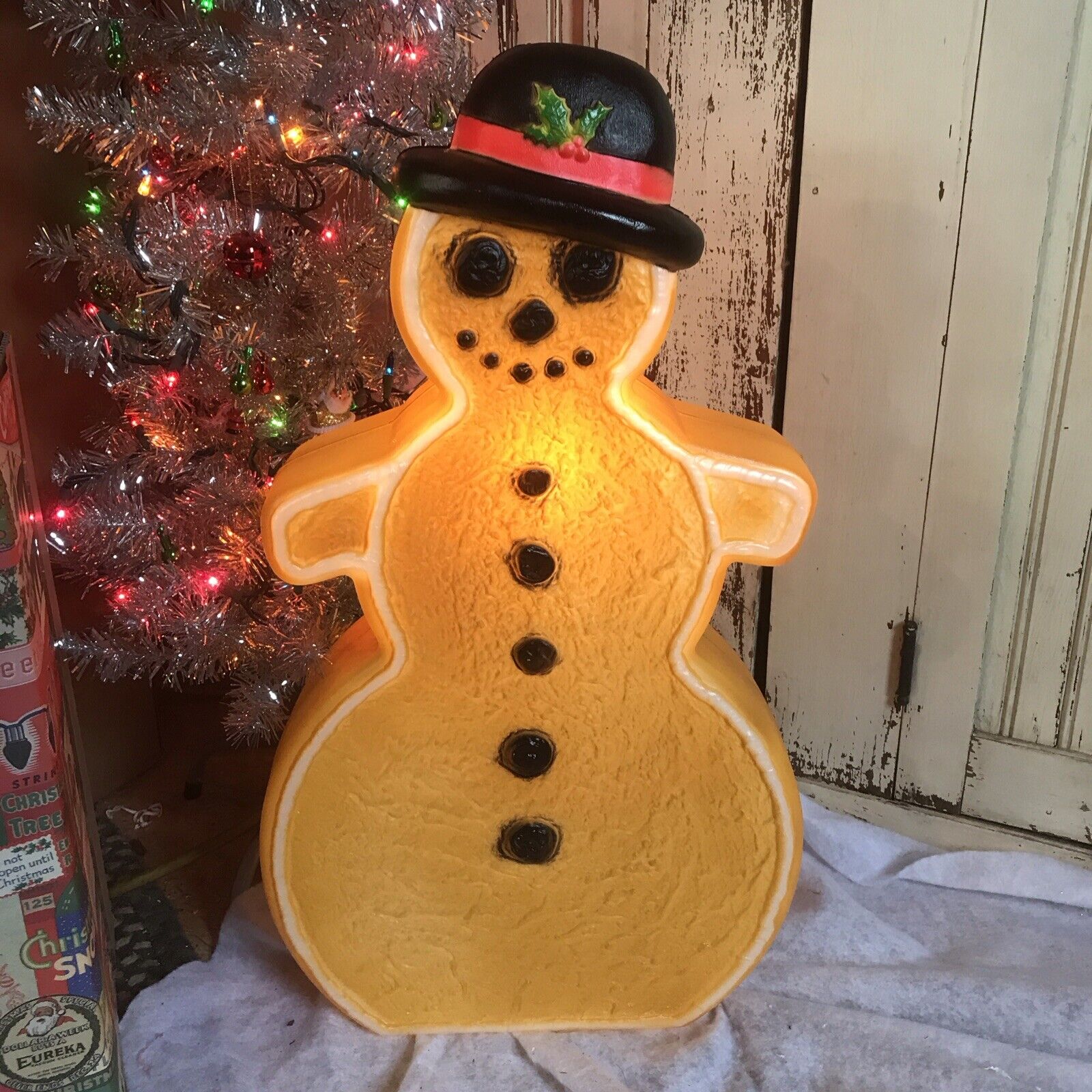 Vintage Christmas Blow Mold Gingerbread Snowman Lighted Union New Old Stock