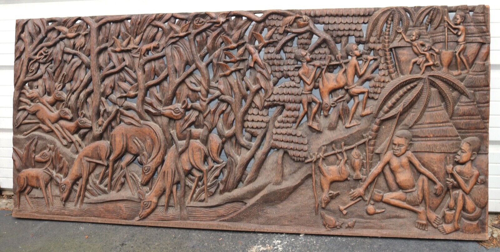 HUGE 6\' antique hand carved wood figural African wall relief sculpture plaque