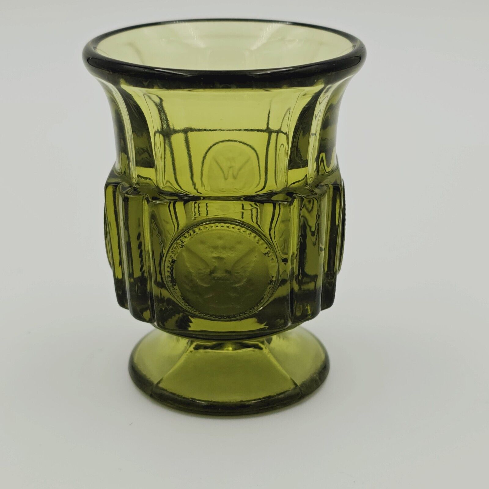 Fostoria Olive Green Coin Glass Footed Cigarette Urn 3.5\