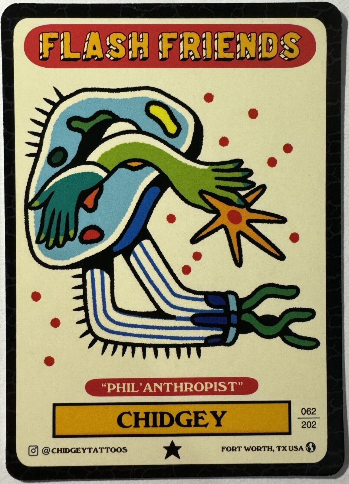 Flash Friends Series 2 Tattoo Art Trading Card CHIDGEY PHIL\'ANTHROPIST #062