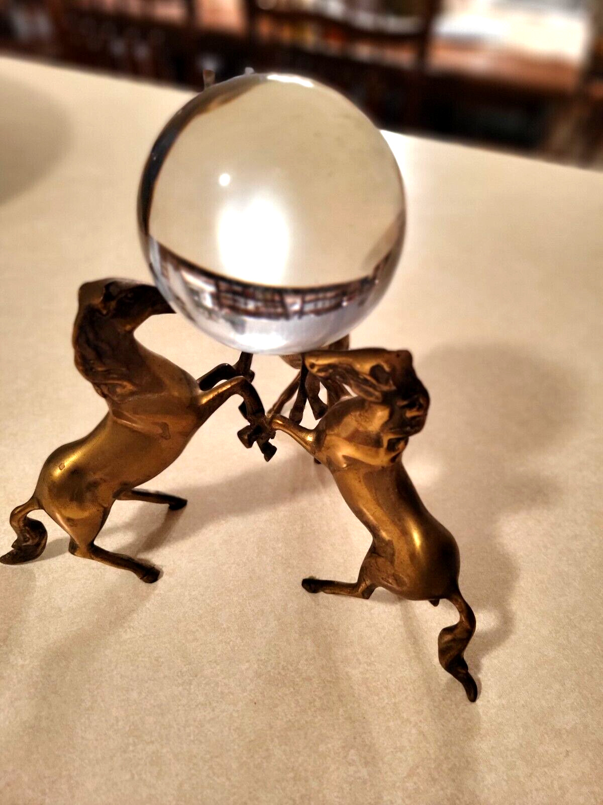 VINTAGE 3 BRASS REARING HORSES HOLDING SEE THROUGH GLASS BALL