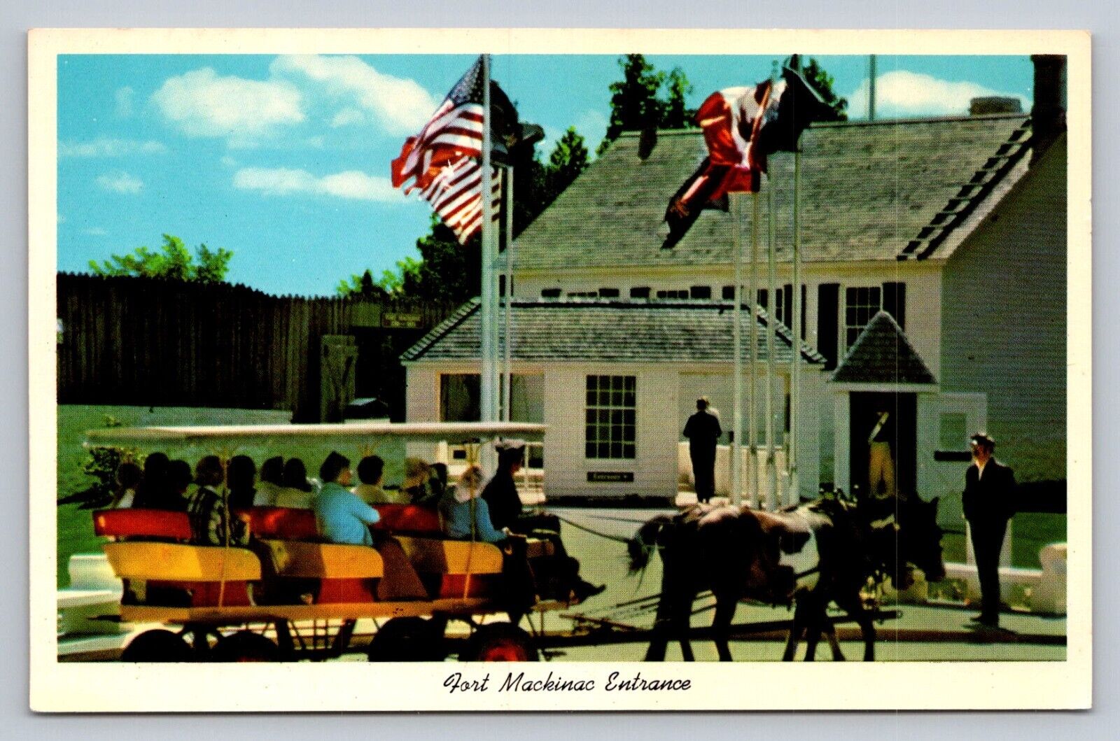 Postcard Michigan Mackinac Island Old Ft Mackinac Entrance Horse Trolley  D775