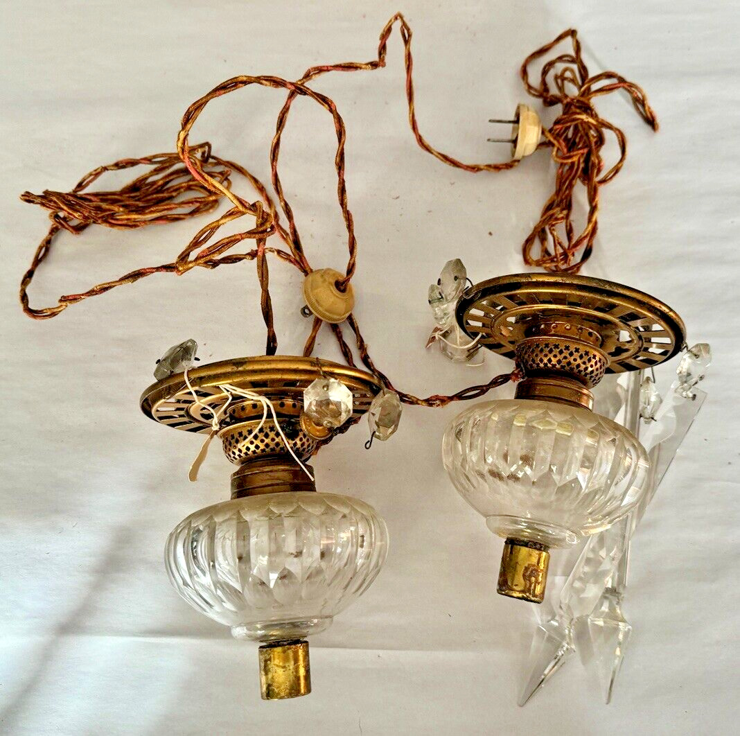 Pair of Antique Bougeoir Glass and Brass Transitional Electric Peg Lamps