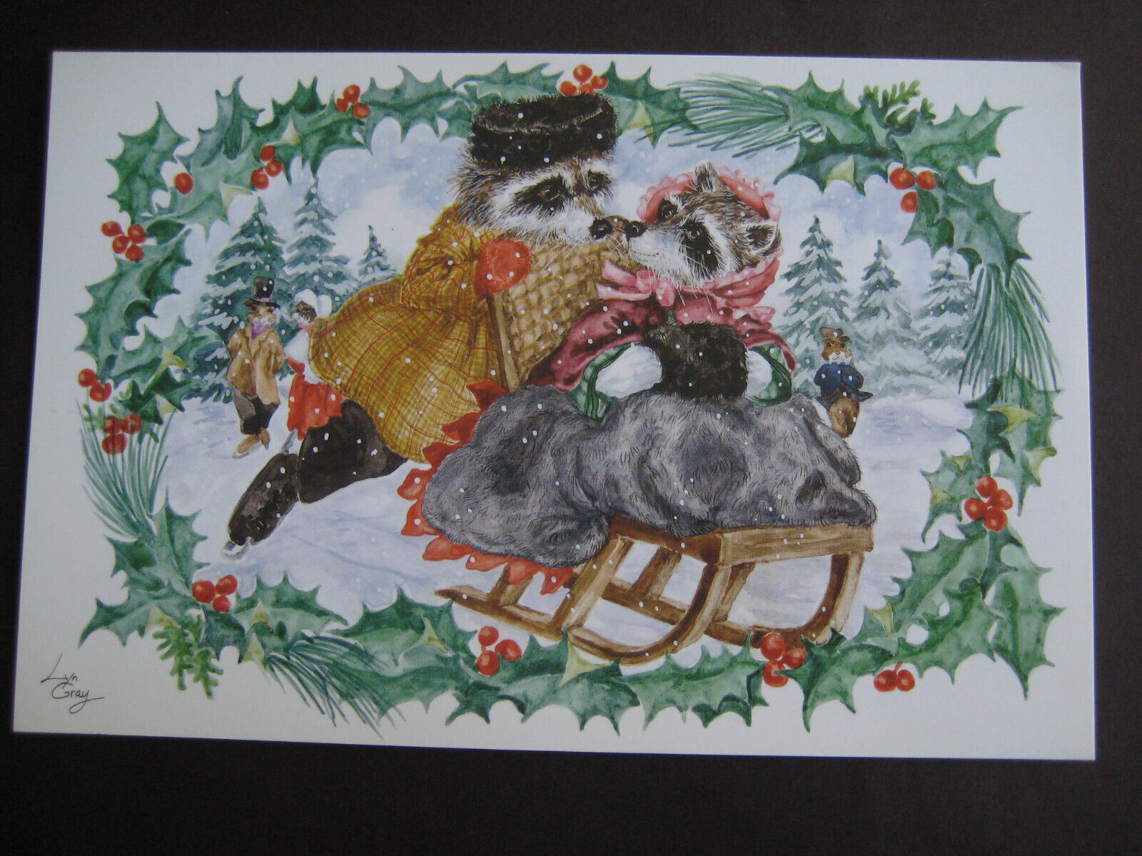 UNUSED vintage greeting card By Lyn Gray CHRISTMAS Raccoon Couple On Sleigh