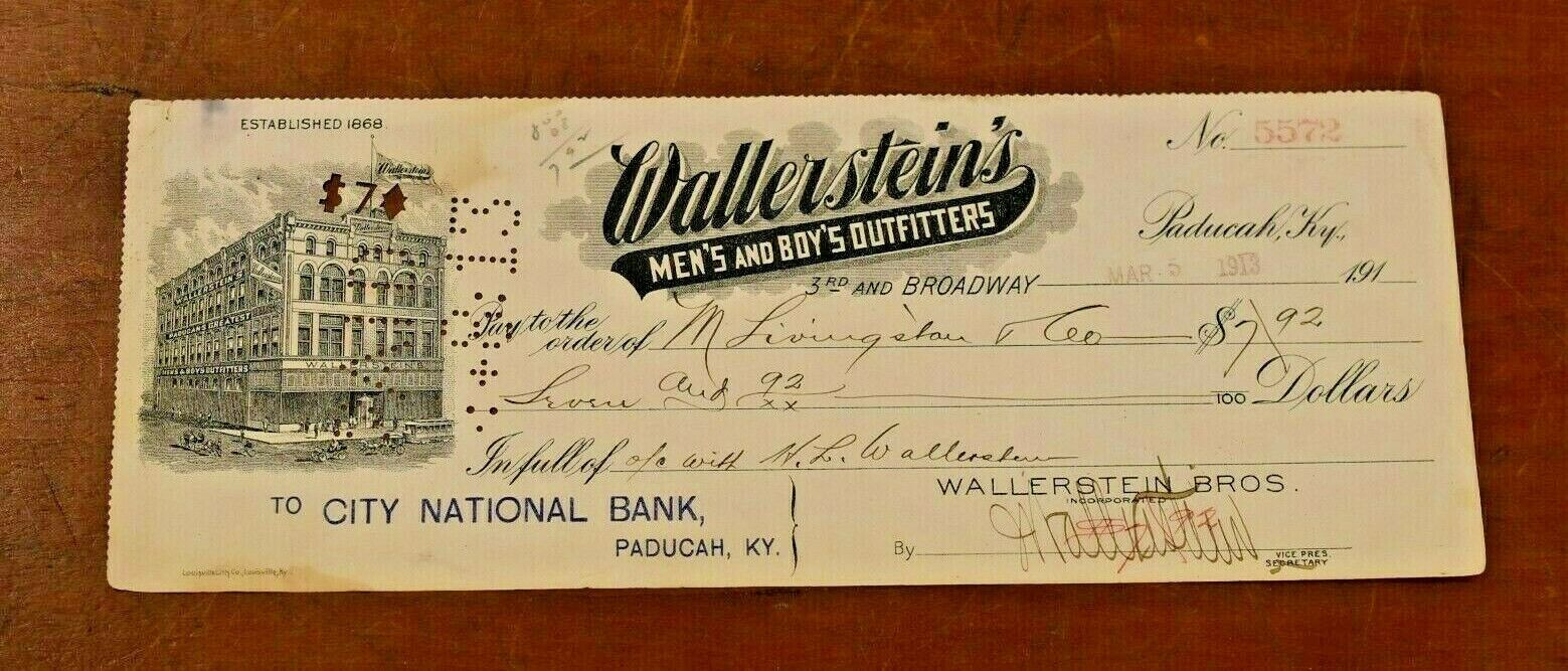Rare 1913 WALLERSTEIN'S MEN'S & BOYS OUTFITTERS Bank Check-PADUCAH KENTUCKY