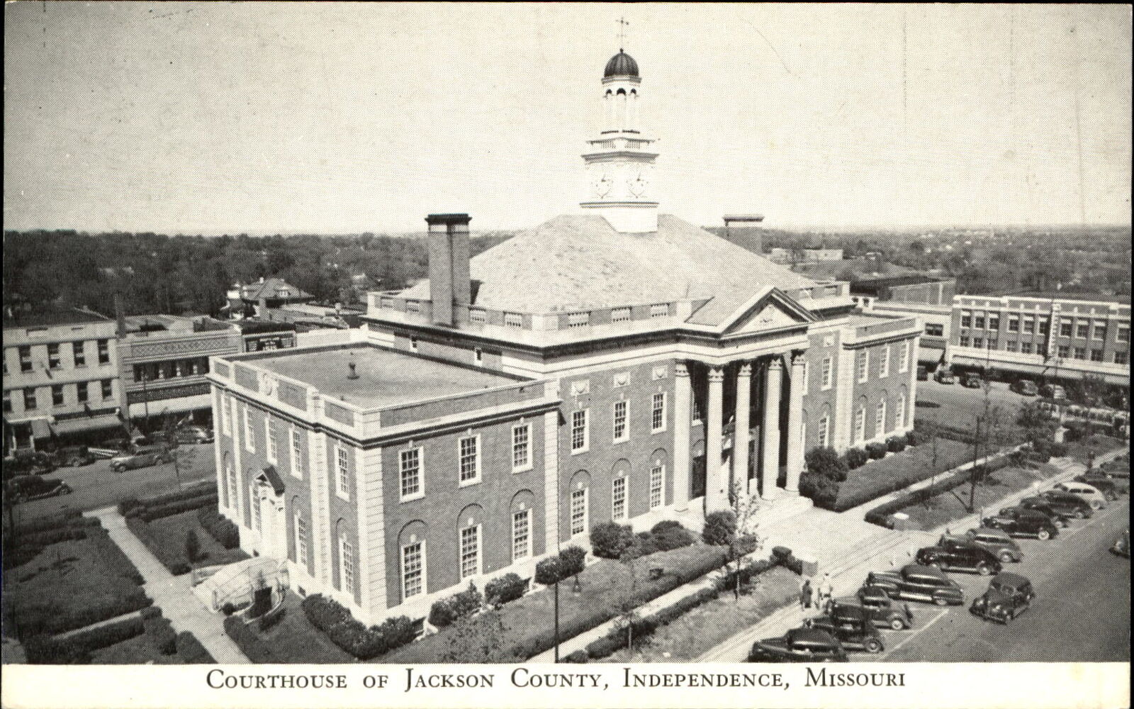Courthouse of Jackson County ~ Independence Missouri ~ aerial ~ 1940s cars