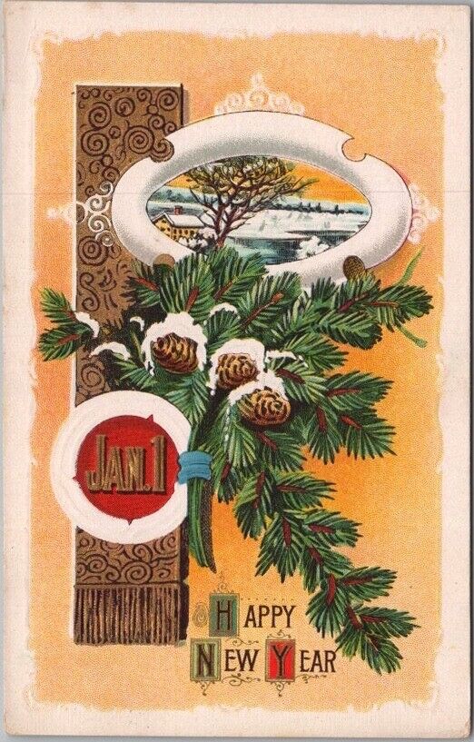c1910s HAPPY NEW YEAR Embossed Greetings Postcard Winter Scene \