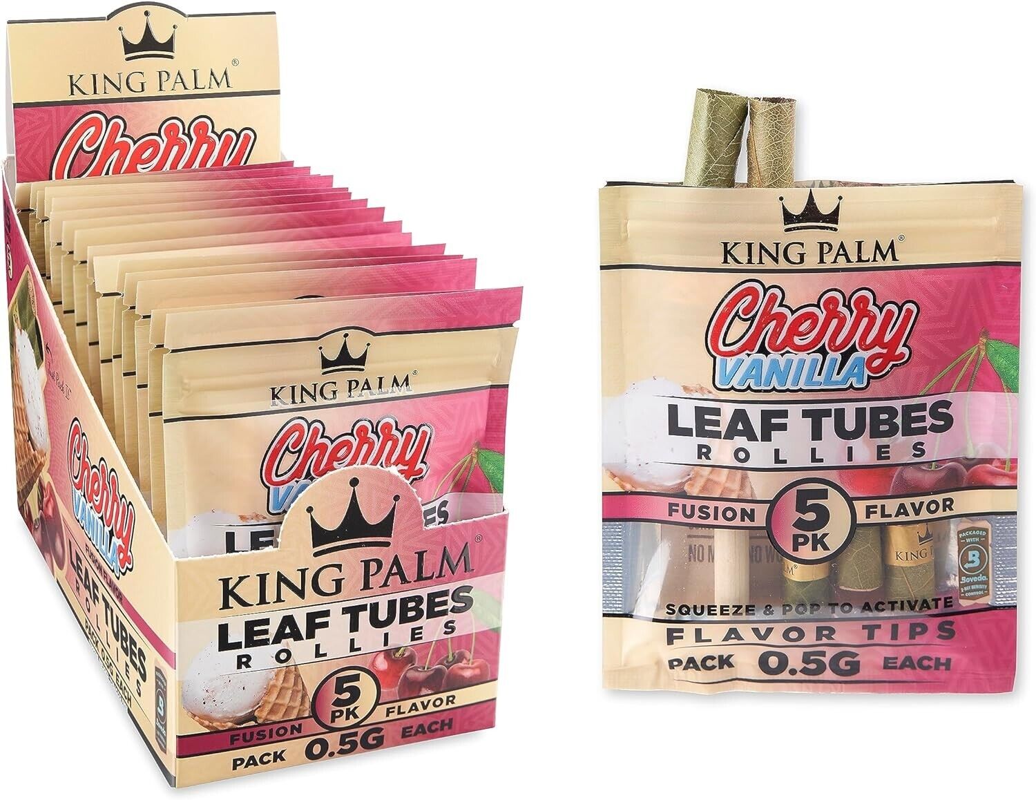 King Palm | Rollie | Cherry Vanilla | Palm Leafs | 15 Packs of 5 Each = 75 Rolls