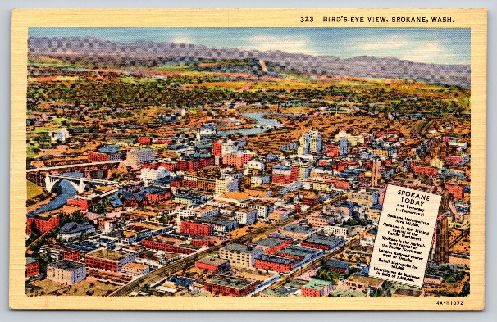 Spokane Washington~Air View of City & Facts~Vintage Linen Postcard