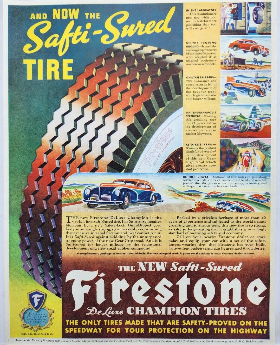1941 Firestone Tires Tire Deluxe Champion Vintage Print Ad Man Cave Art Deco 40s
