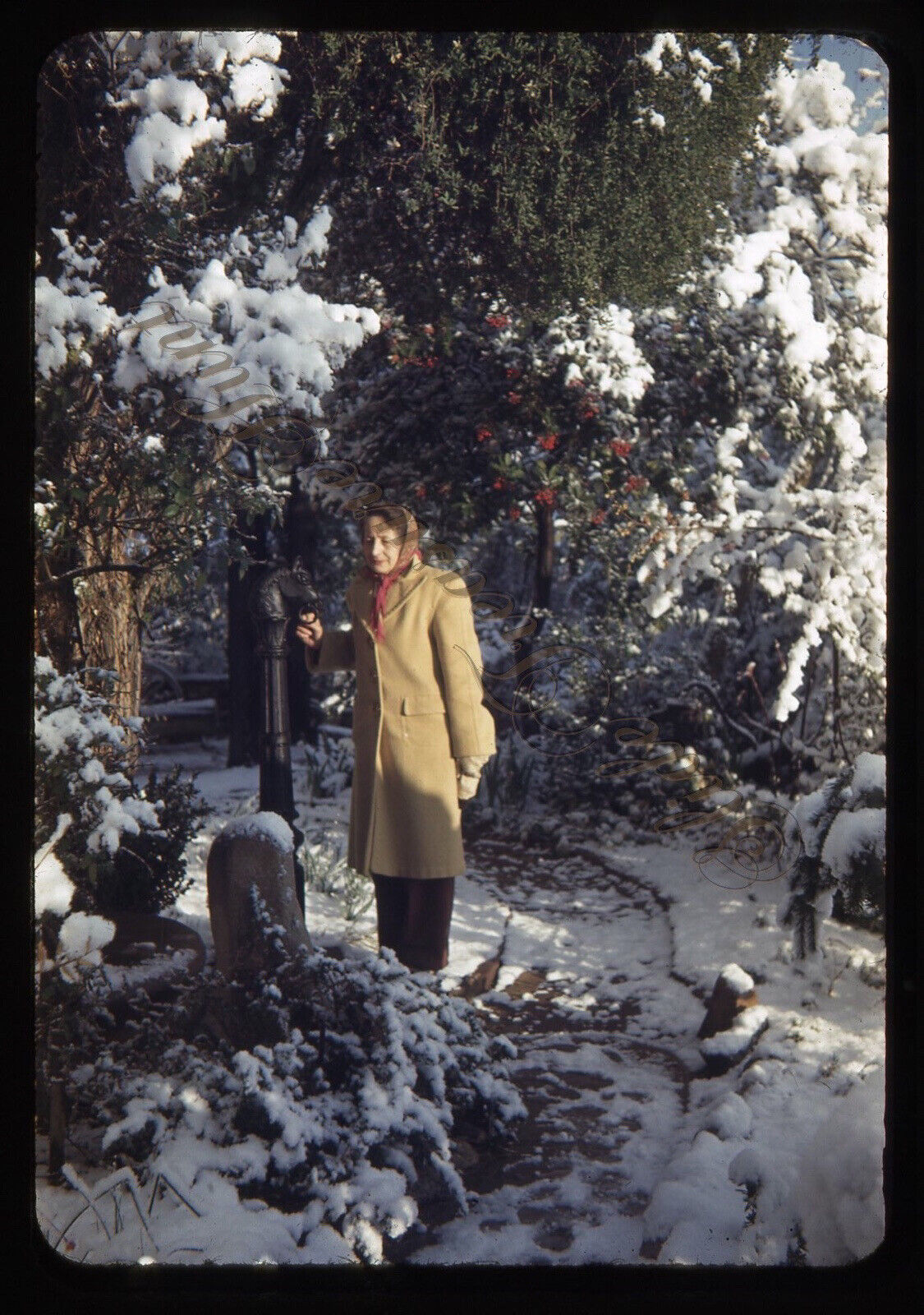 Older Woman Snow Coat Fashion 1940s 35mm Slide Red Border Kodachrome
