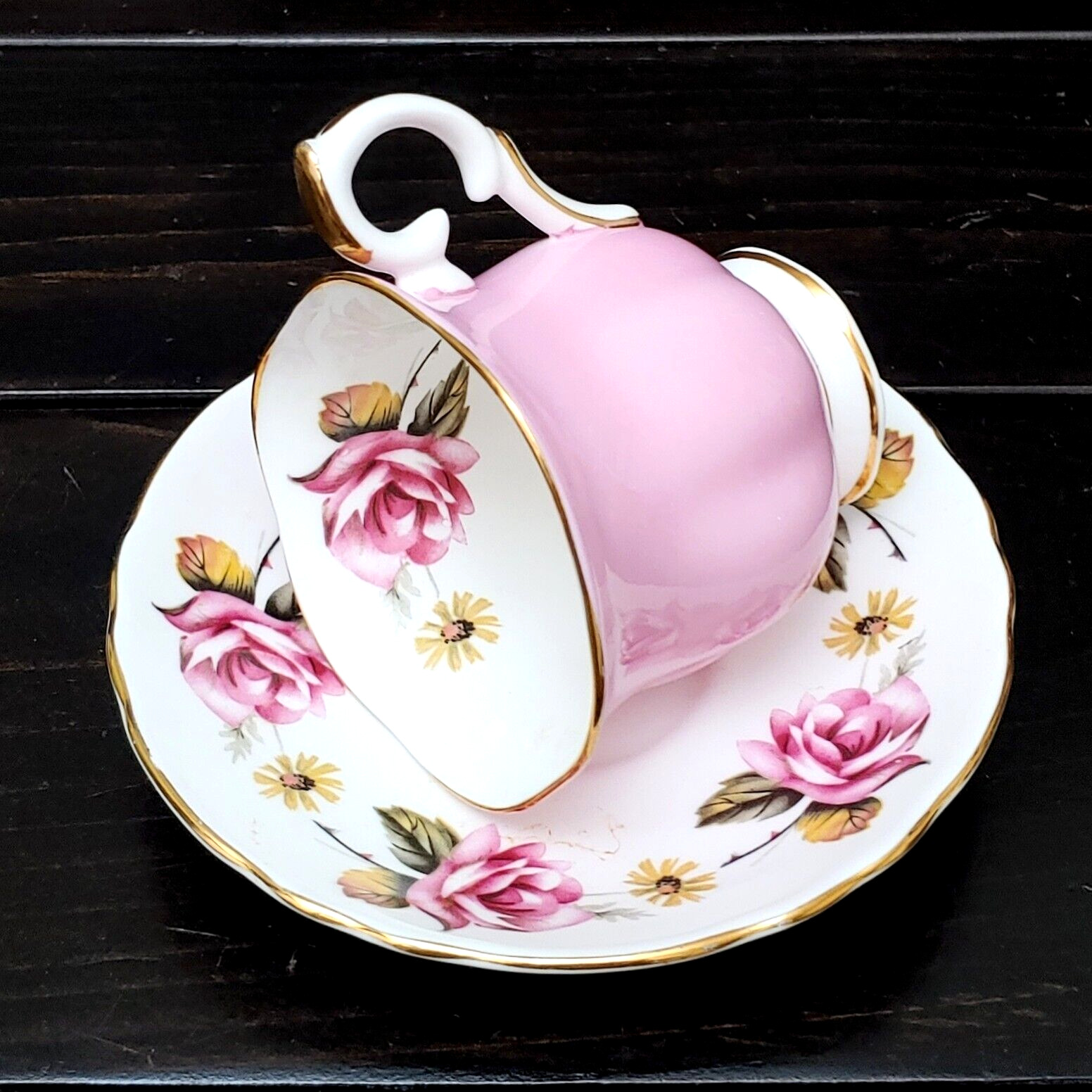 Crown Staffordshire Teacup and Saucer Pink with Roses Gold Rim Tea Cup