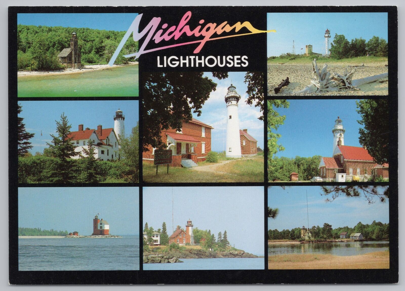 Lighthouse~Michigan Multi-Views~Key To Lighthouses On Back~Continental Postcard