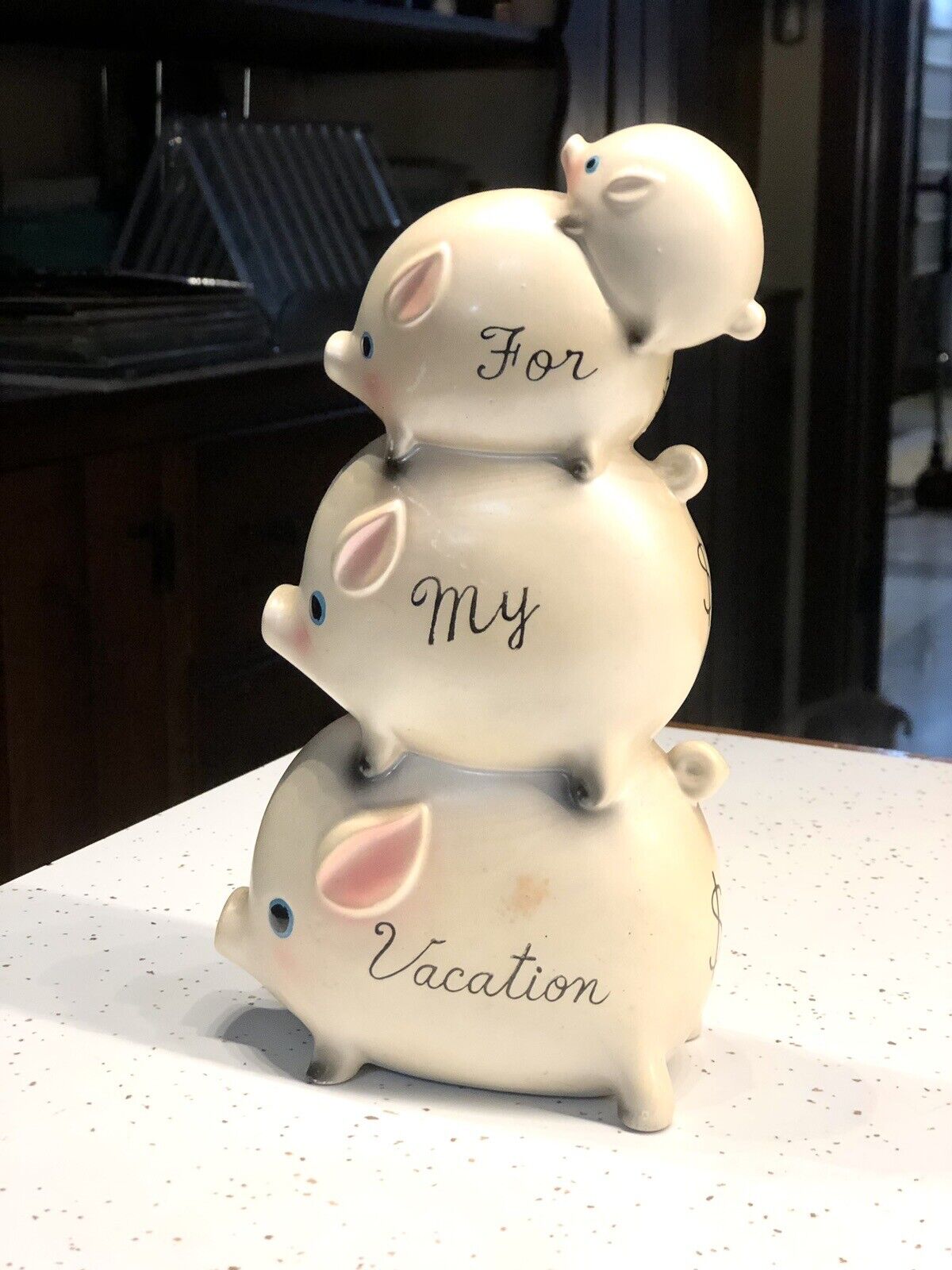 Vintage Ceramaster Piggy Bank “For My Vacation” $ Stacked W/Stopper Yellow Pink