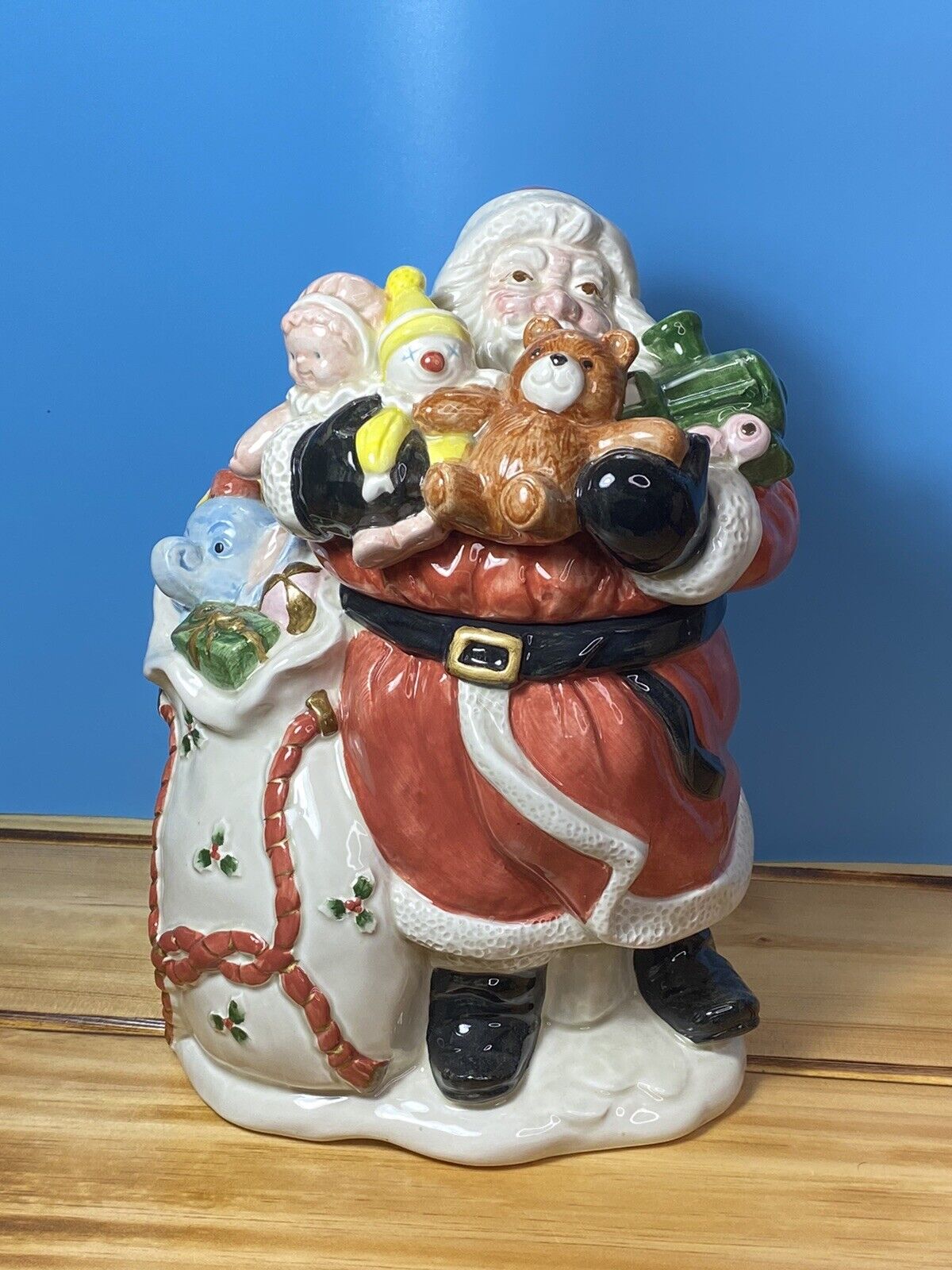 Vintage Fitz and Floyd Old World Santa Claus Cookie Jar Toy Sack Christmas 1988
