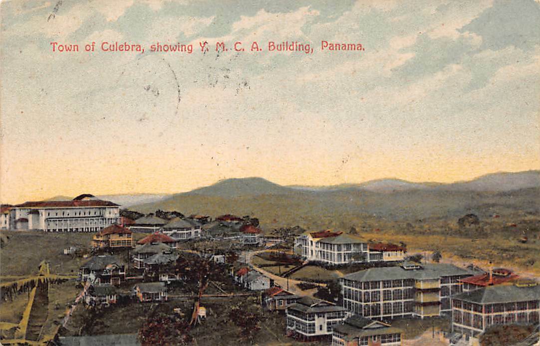 Postcard Panama Town of Culebra YMCA building birds-eye view I.L. Maduro Stamp