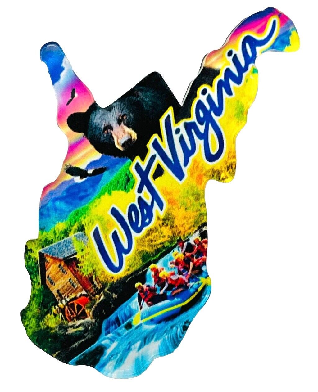 West Virginia State Souvenir Acrylic Magnet Collage/Bear/Rafting 4”x 3.25” NWT