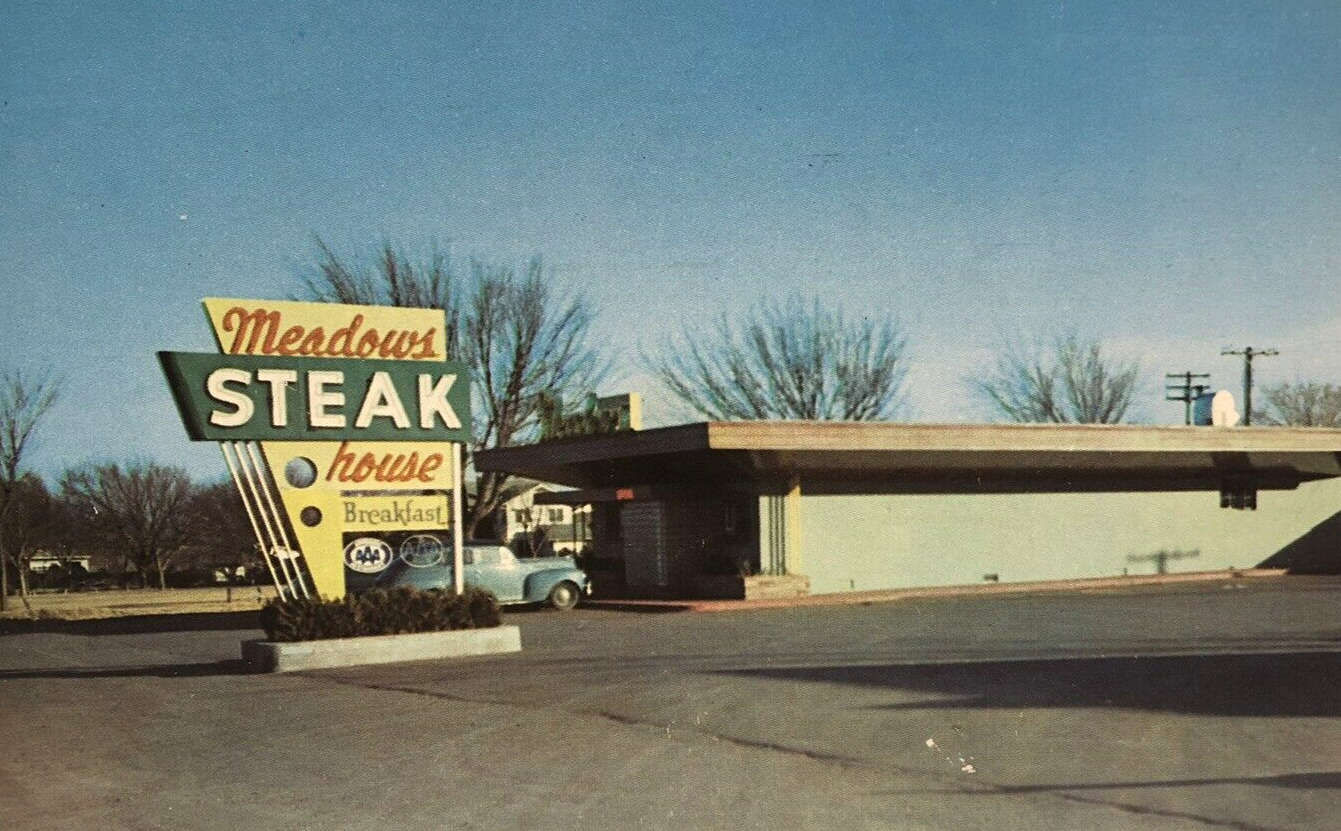 Meadows Steak House, Route 66 Oklahoma City, OK - Vintage Chrome Postcard - Auto