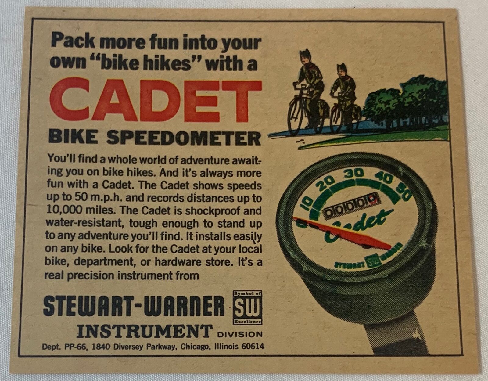 1966 CADET Bicycle Speedometer ad ~ 3x4 ~ Pack More Fun Into Your Bike Hikes