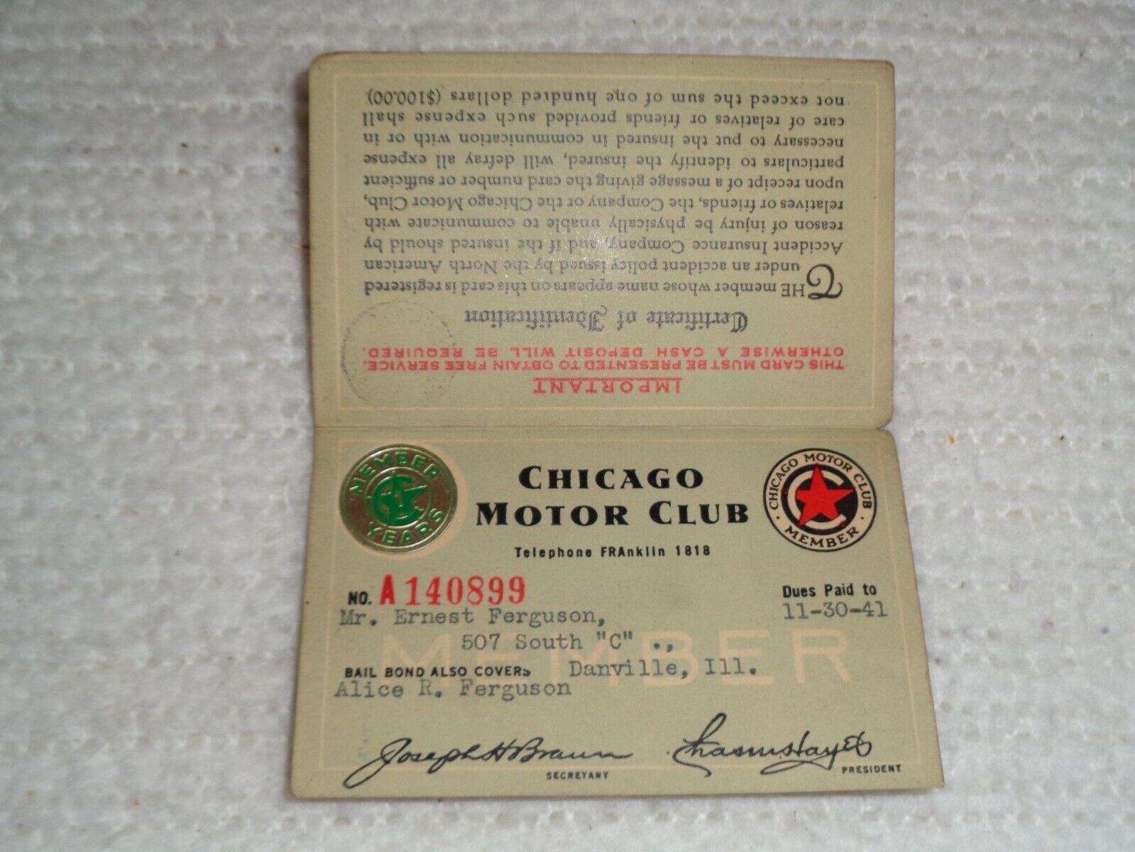 Vintage Original 1941 Chicago Motor Club Rare Membership Card