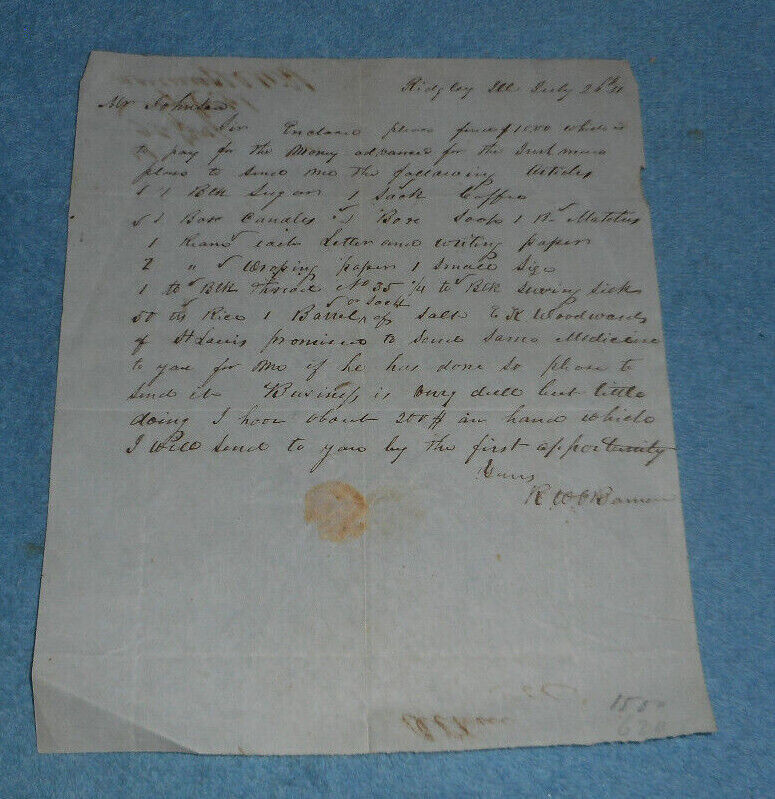 1851 Letter To Mr. Johnston From Richard W O\'Bannon About Goods Ridgley Illinois
