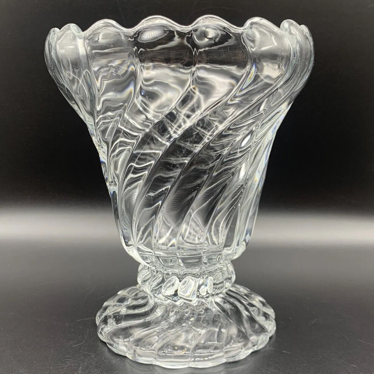 Vintage Fostoria Colony Crystal Heavy Swirl 7” Tall Vase Footed Base Cupped Rim 