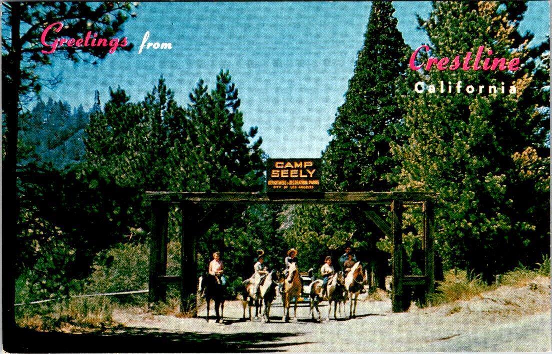 Crestline, CA California  CAMP SEELY Entrance & Horseback Riders/Horses Postcard