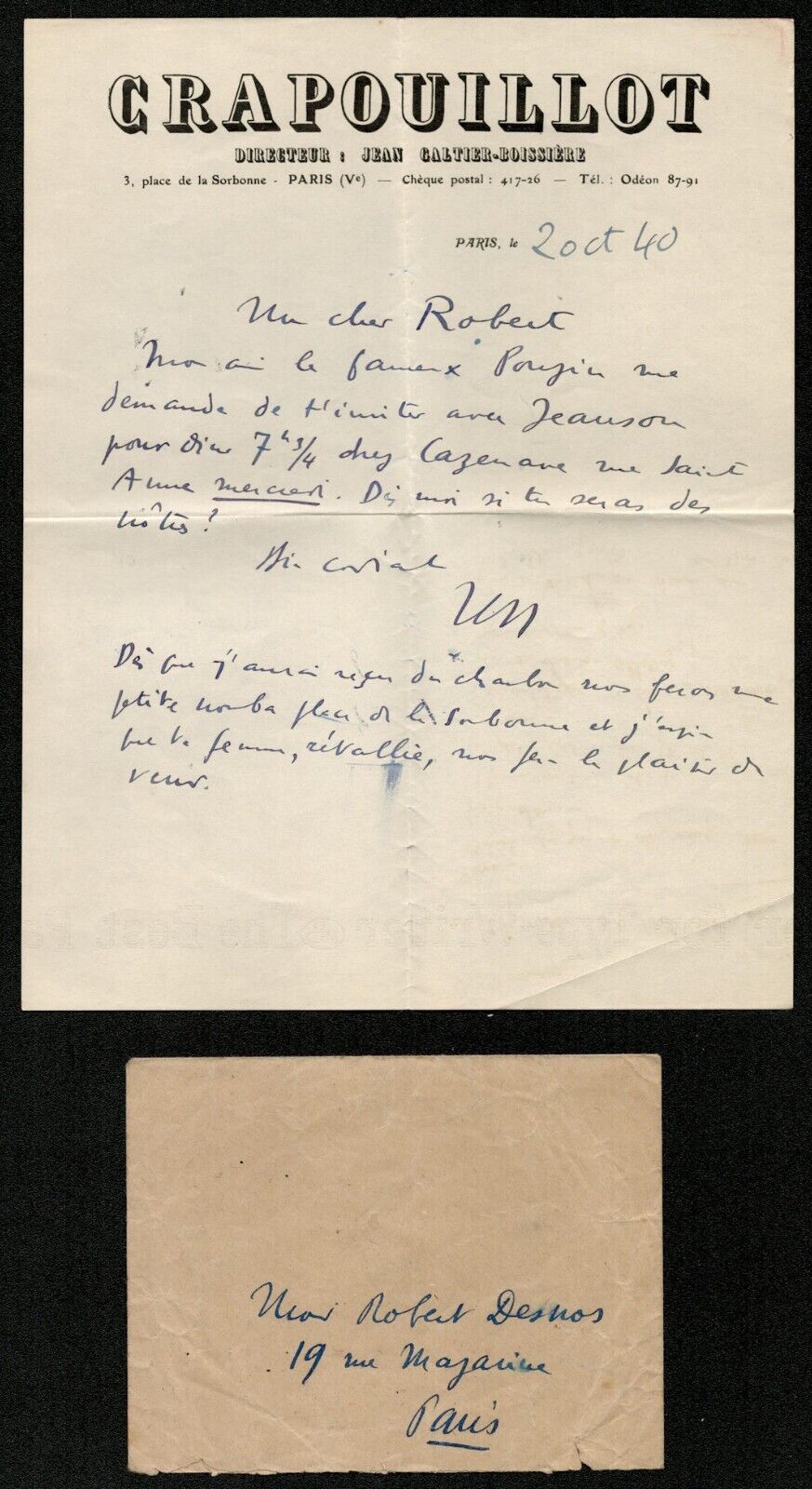 Jean Galtier-Boissière. L.A.S. to Robert Desnos. 1940. Toad.  4