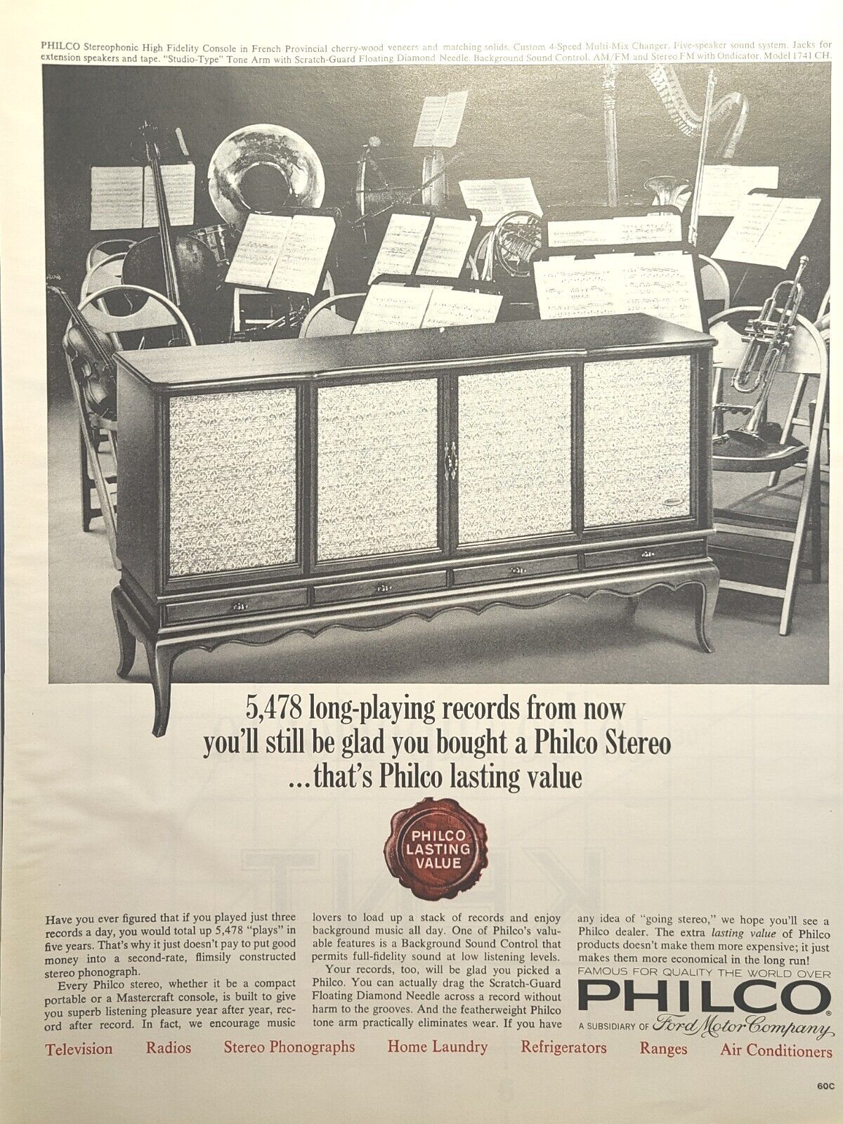 Philco Stereophonic High Fidelity Console French Cherry Vintage Print Ad 1964